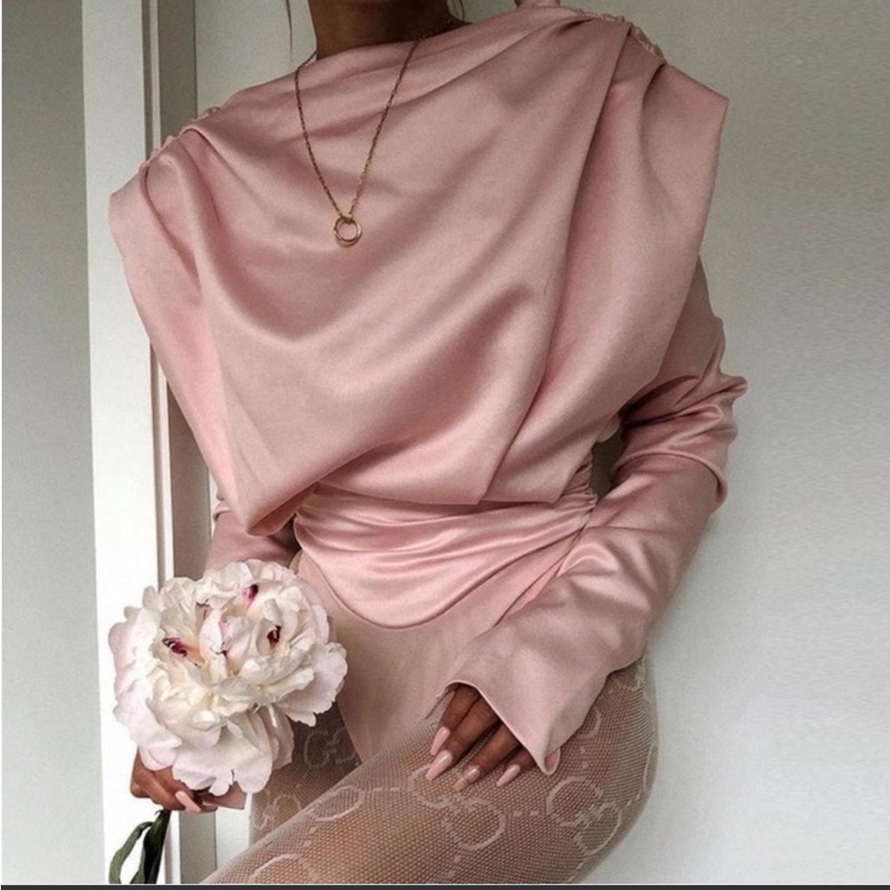 House of CB Giselle Size L Blush Satin Draped Top Bodysuit NWT